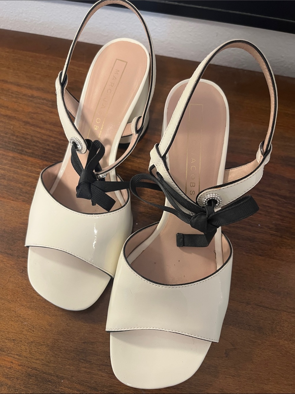 Marc Jacobs Cream Patent Slingback Sandals with Black Ribbon Bow